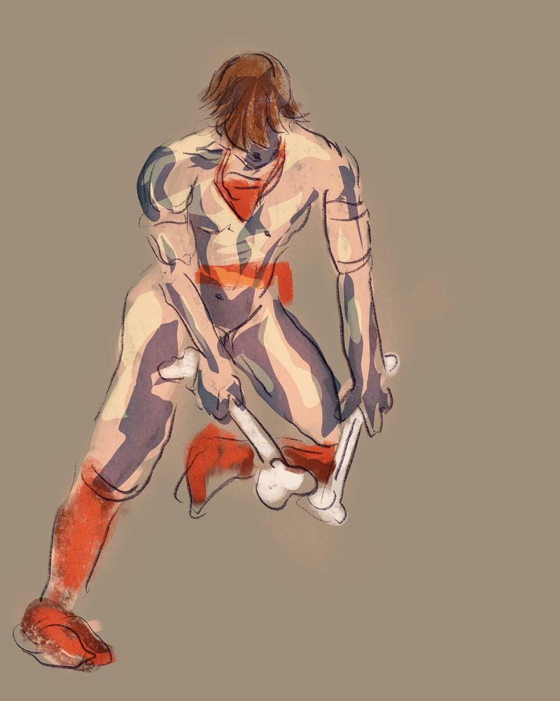 Digital Procreate drawing of Coyote Caliente holding prop bones.