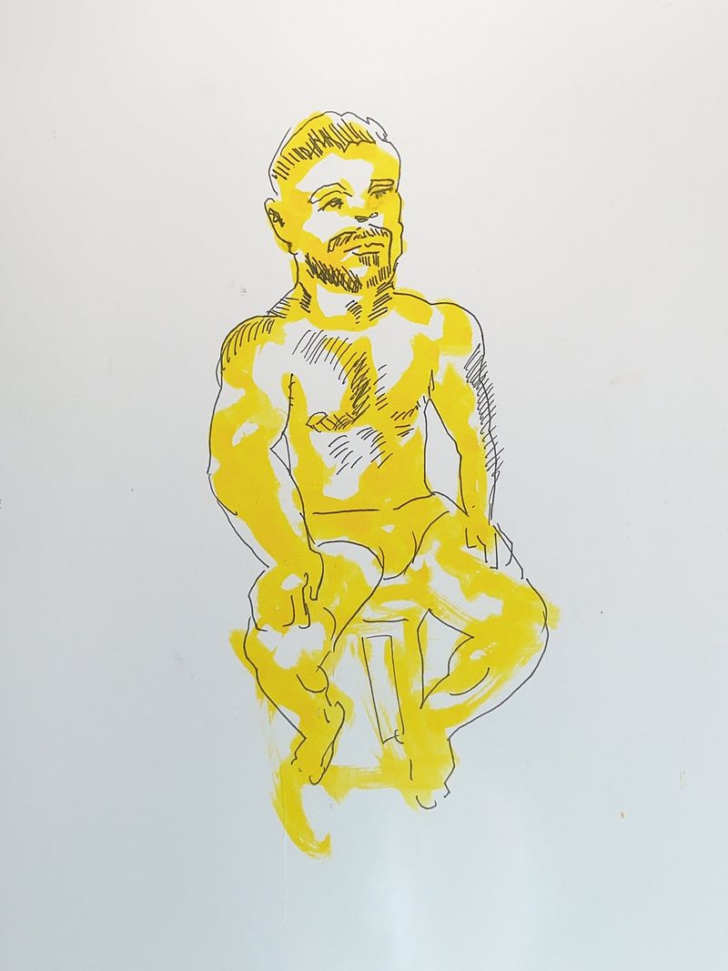Luis seated, drawn in watercolor marker and fineliner.
