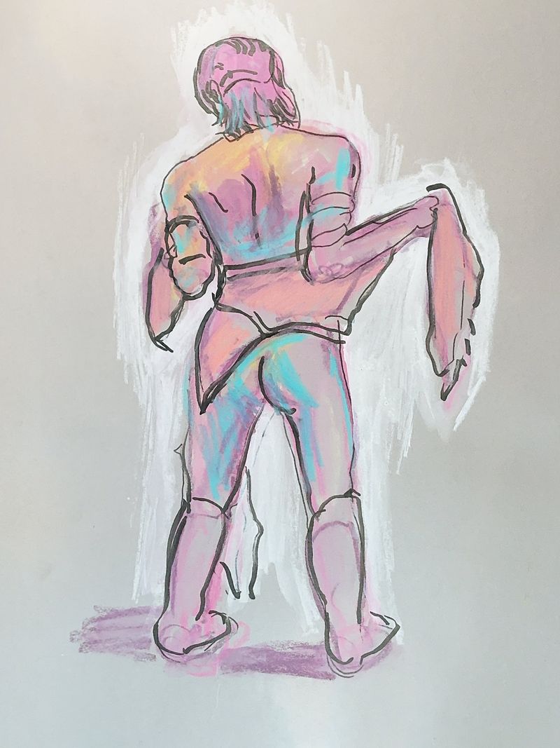 Coyote Caliente standing with a wrap, watercolor pencil on toned paper.