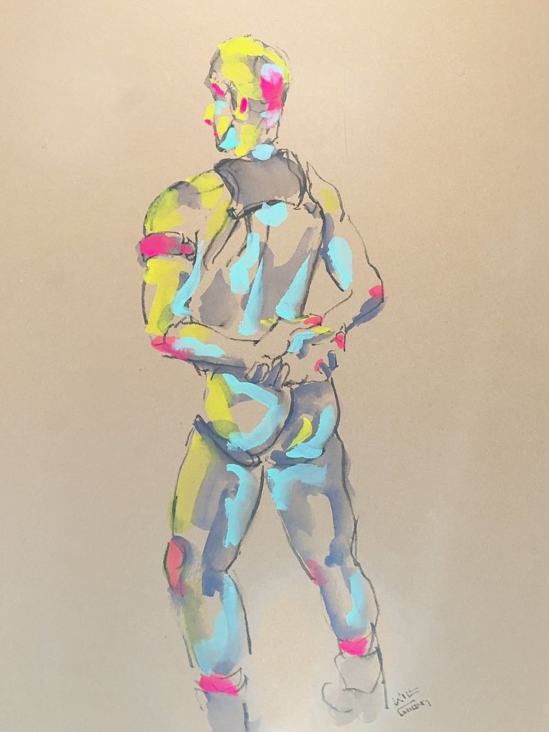Male figure from behind with arms crossed, wearing a harness