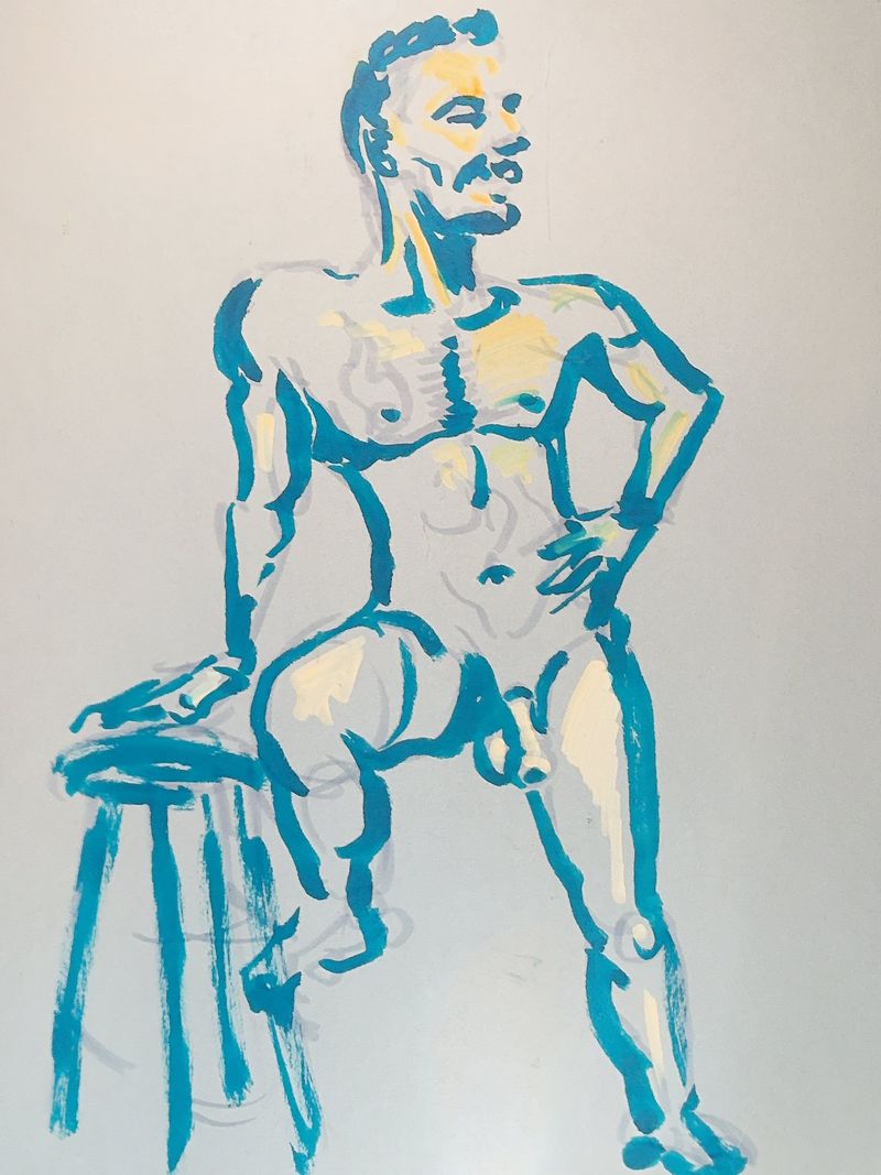 A model leans on a stool in this acrylic marker drawing.