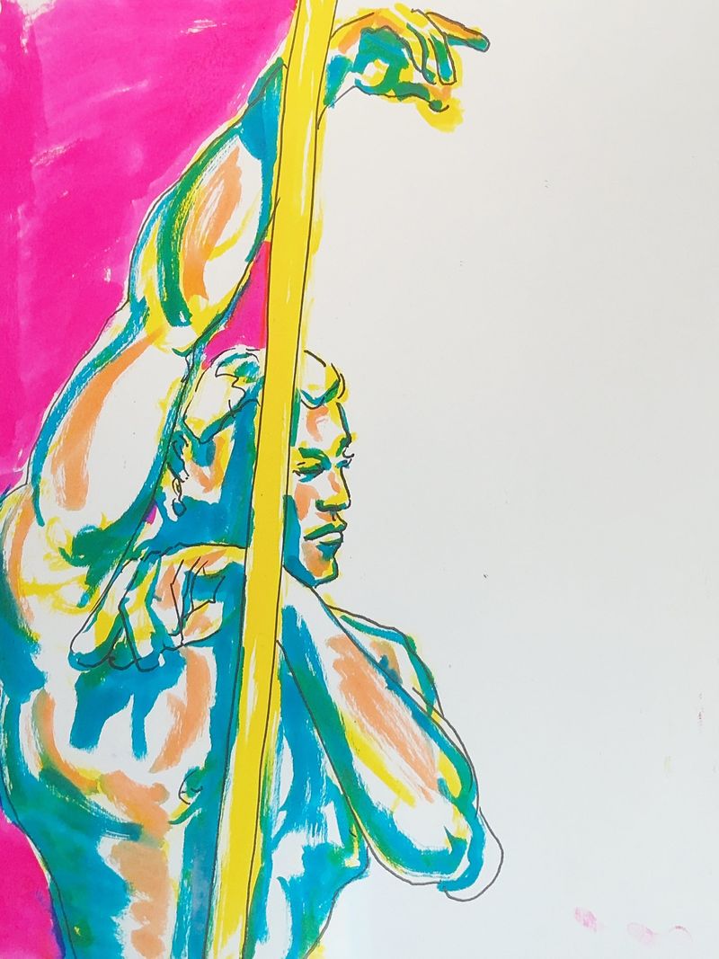 Eric Oliver Jr. leaning on a pole, drawn in watercolor marker on Bristol paper.