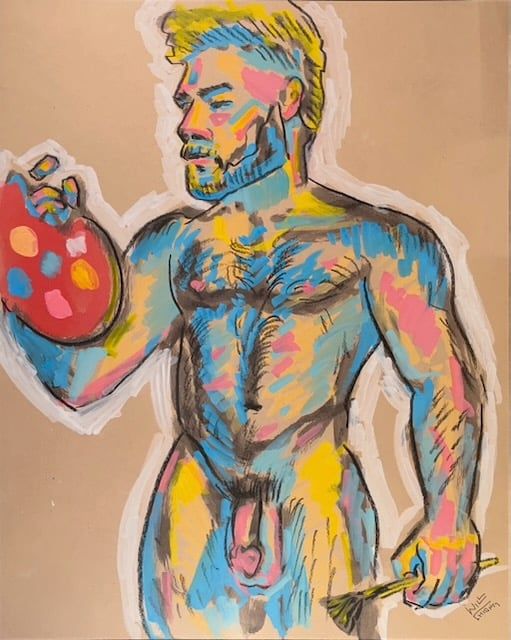 Mr. Teddy Bear posing with a paint palette and brush. Acrylic Marker on Toned Paper