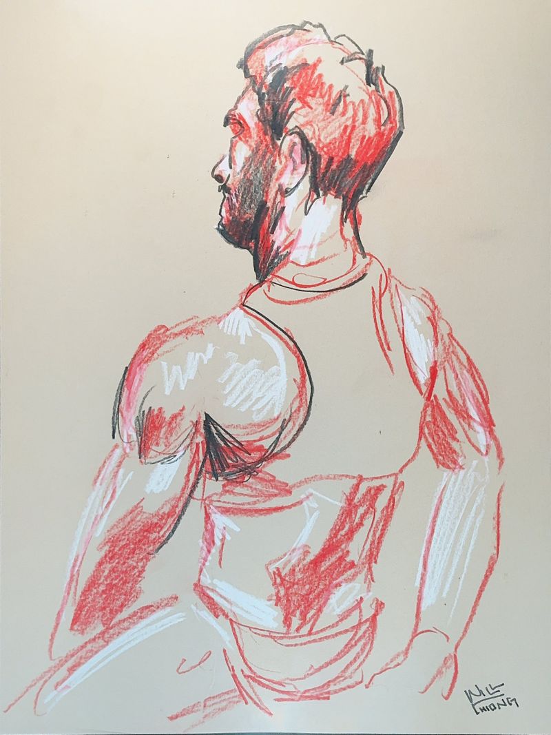 Tommy in a tank top, back turned, drawn in colored pencil on toned paper