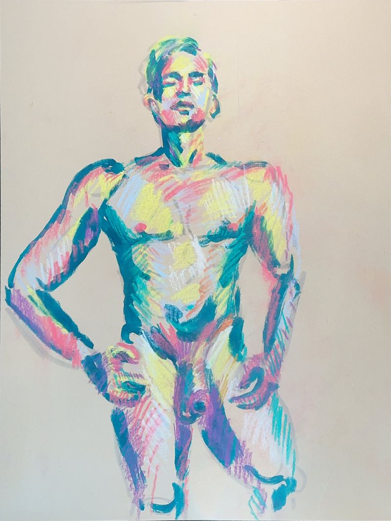 A standing model pose is rendered with pastel pencil.