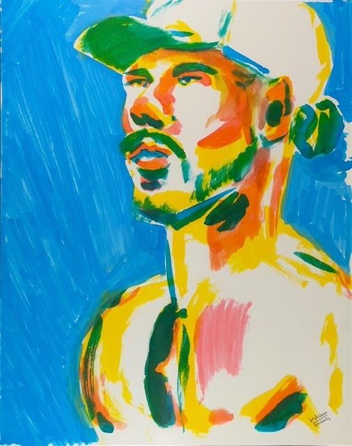 Watercolor marker portrait of valmir with an acrylic background.