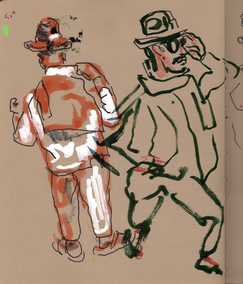 5-minute warmup sketch of Enrique in acrylic marker on toned paper.