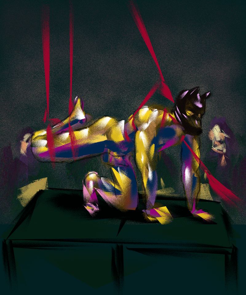 A digital HEAVYPAINT drawing of a model in a dog mask, tied with one leg raised.