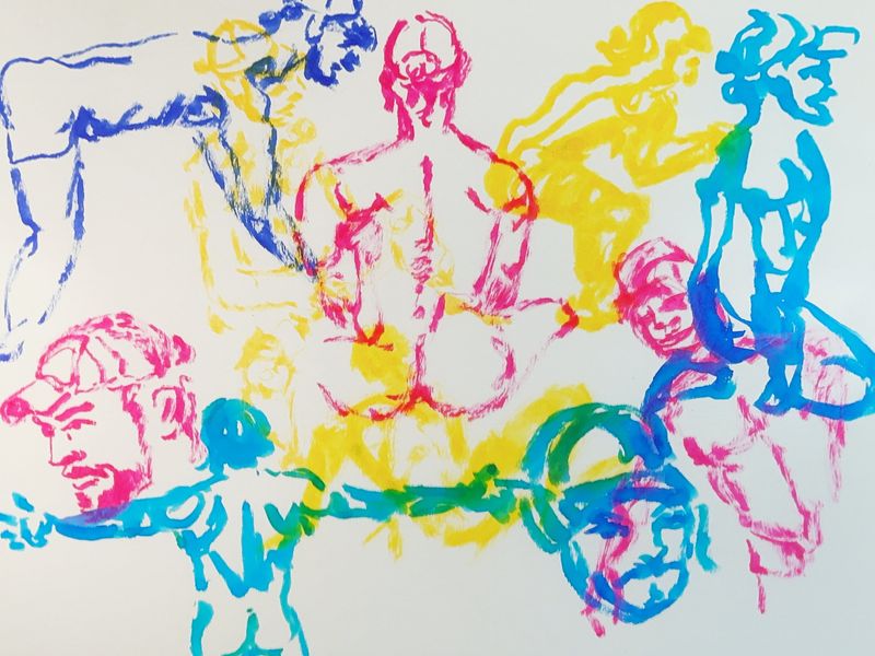 2-minute warmup gesture drawings of Jamie, marker and pencil on toned paper.