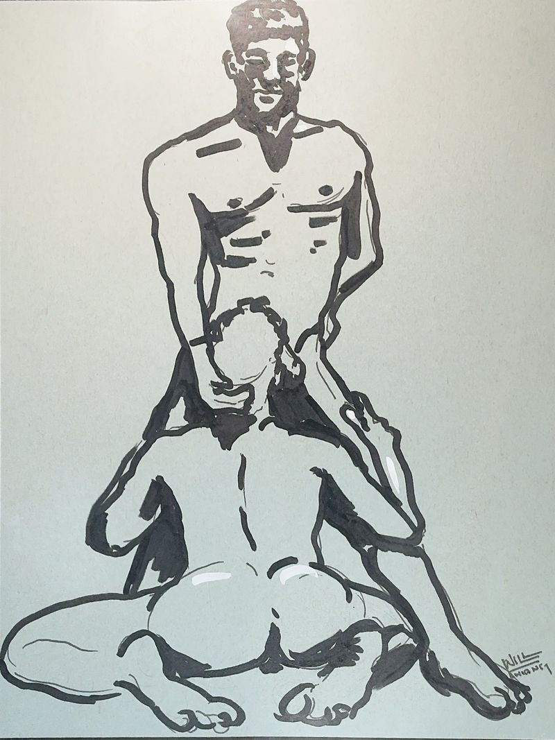 Darien and Eldric in a standing and kneeling pose, rendered in an expressionist marker style.