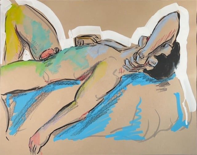 Bad Wolf lying down with glasses on his chest