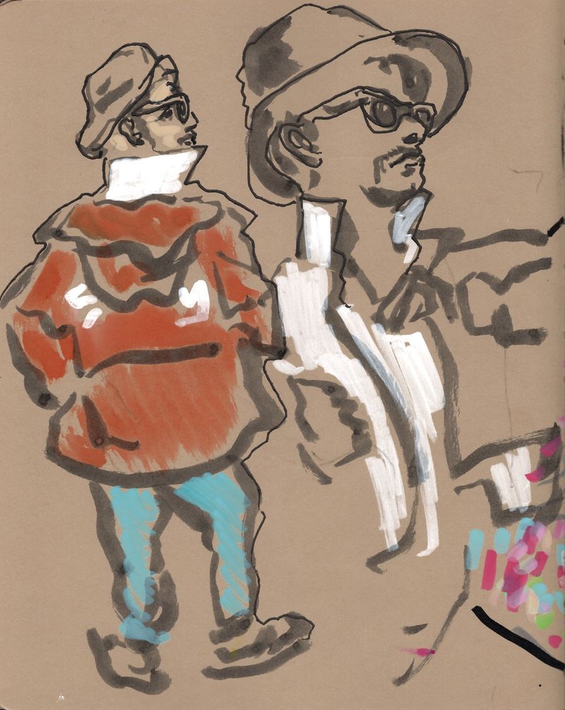 Quick 8-minute sketch of Enrique wearing a hat and sunglasses, done in acrylic marker on toned paper.