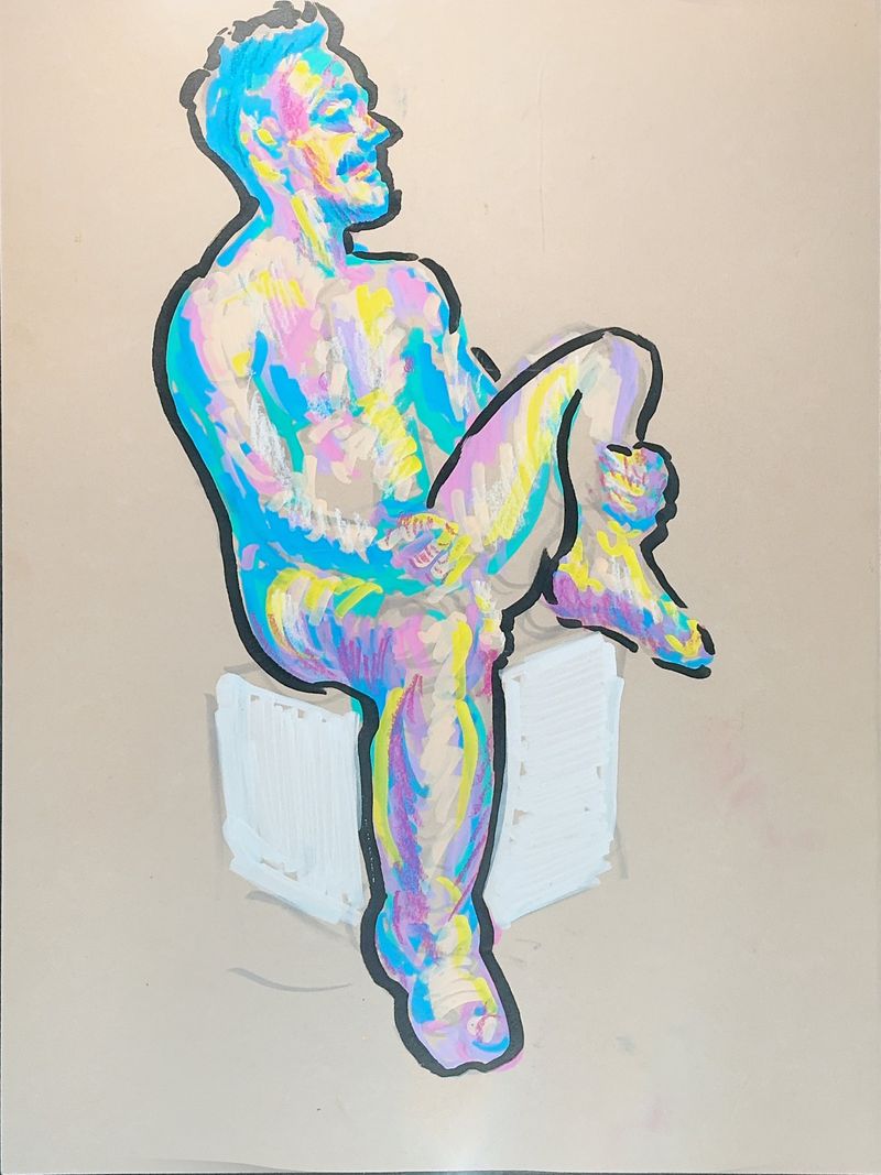 A model poses on a raised platform in acrylic marker on toned brown paper.