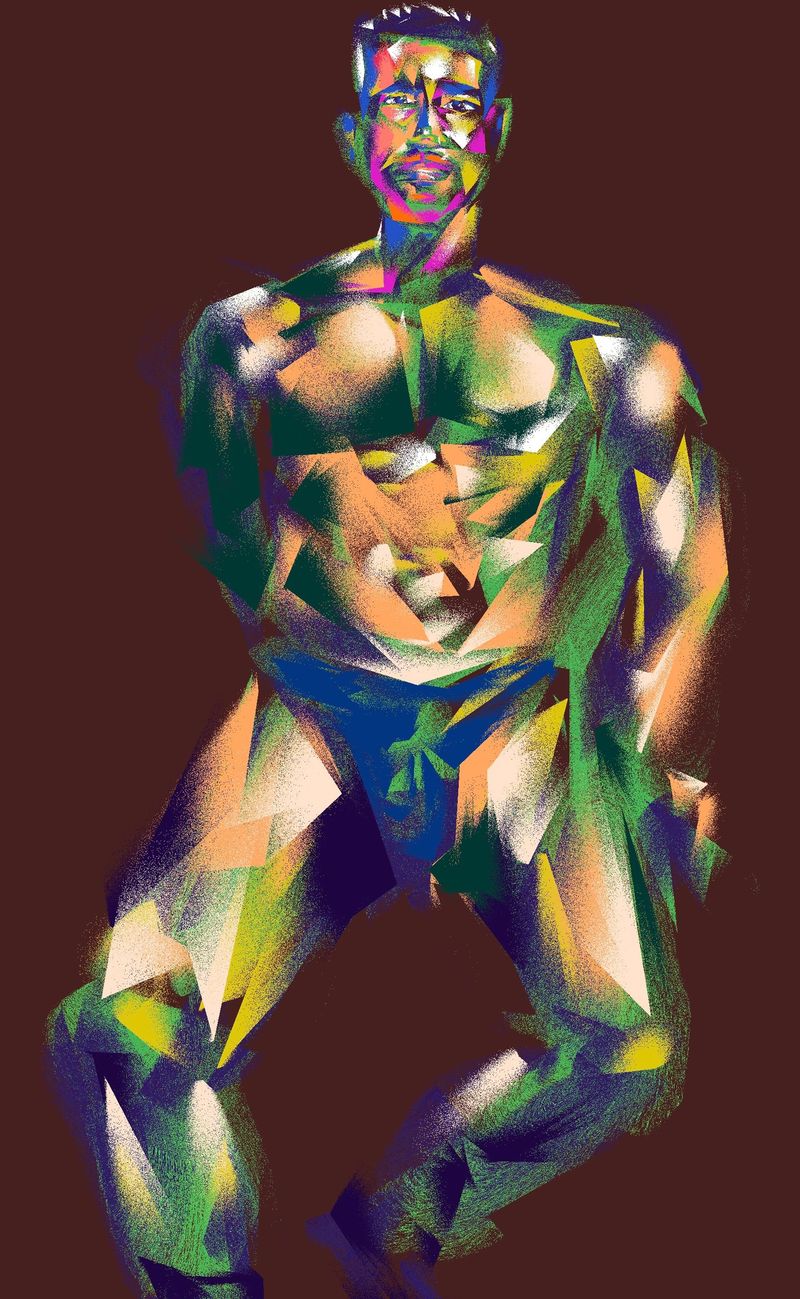 A digital HEAVYPAINT drawing of a male model standing in underwear.