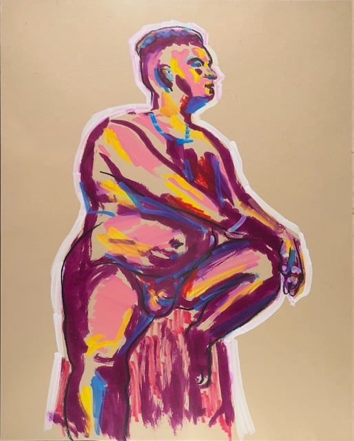 Acrylic painting of Ryan crouched on a pedestal
