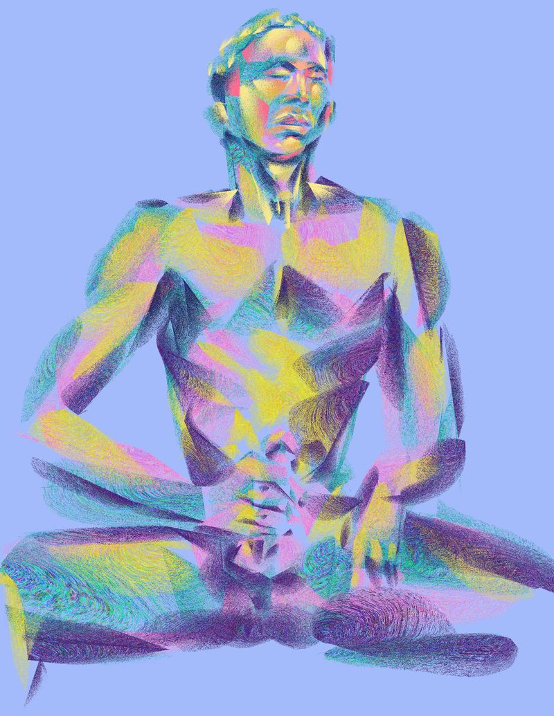 A seated final pose with legs spread, painted digitally in HEAVYPAINT.