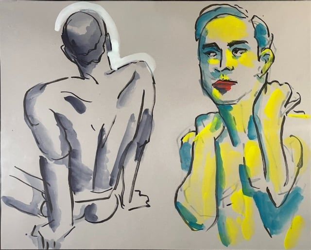 5 minute drawings of matthew- fineliner accented with Inktense watercolor paint