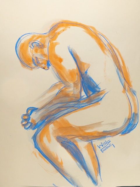 Felipe's head bowed- pencil and watercolor marker.