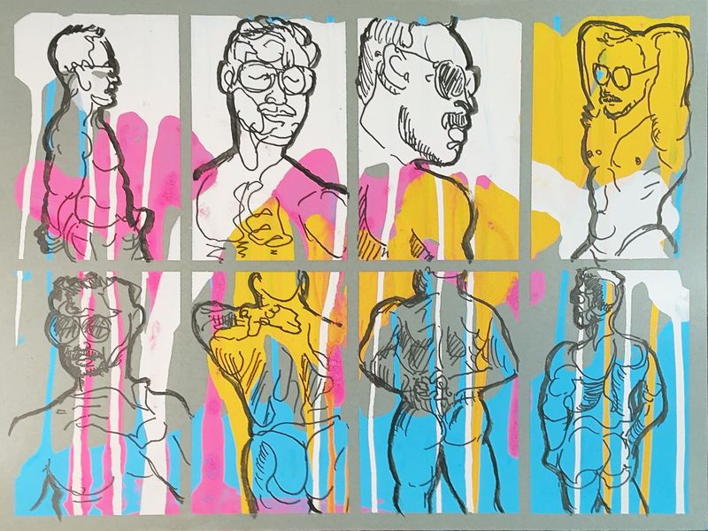 Two-minute warmup figure sketches in acrylic marker on prepared toned paper.