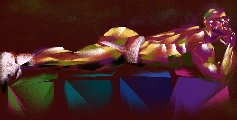 A digital drawing of Leo laying on boxes with chin in hand, created with HEAVYPAINT app on iPad.