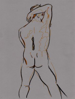Drawing of Michael's back- 5 minute pose, dip pen on toned paper with colored pencil outline.
