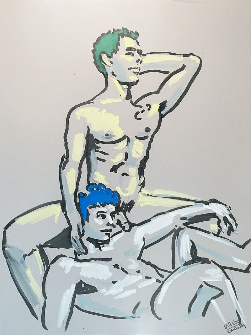 Darien and Eldric seated together, drawn with acrylic markers on toned tan paper.