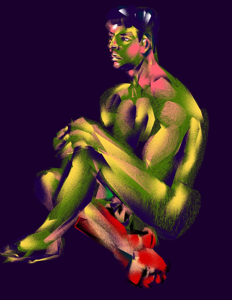 A seated figure with one bent knee painted digitally in HEAVYPAINT.