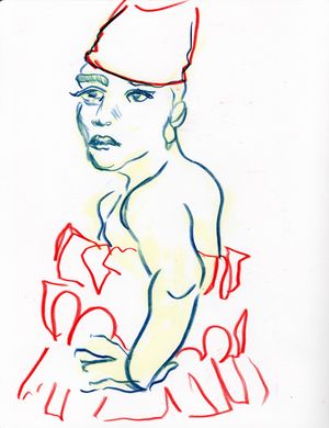 A drawing in red pencil