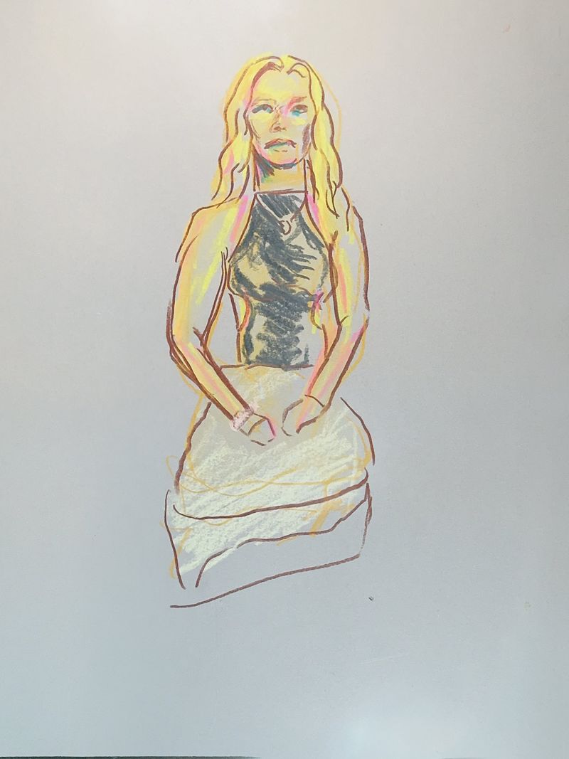 Reagan in a seated pose, drawn with watercolor pencils on toned paper