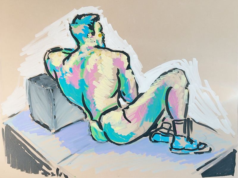 Ryan seated in a thong and leaning on a box, drawn in acrylic marker on toned paper.