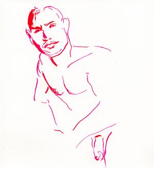A drawing of Timothy using a dip pen and fluorescent pink ink