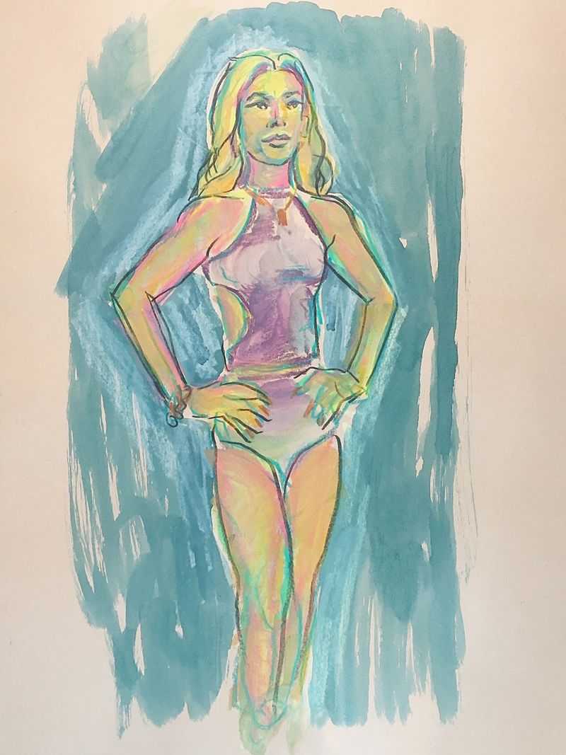 Reagan standing in a bathing suit, drawn with watercolor pencils on toned paper
