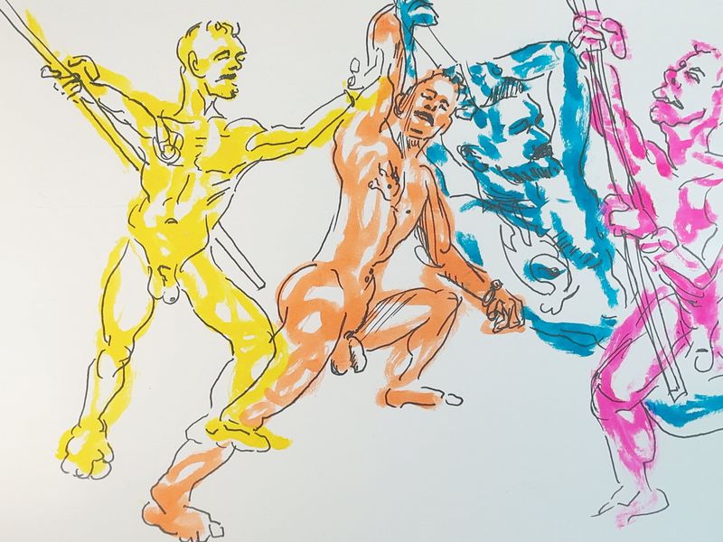 A sheet of five-minute warmup poses drawn with watercolor markers.